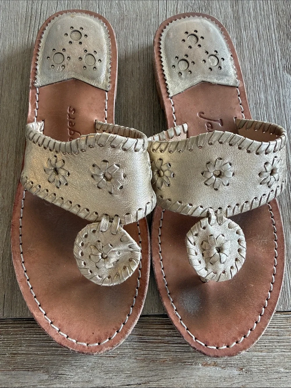 Jack Rogers Metallic Gold Floral Leather Thong Sandals